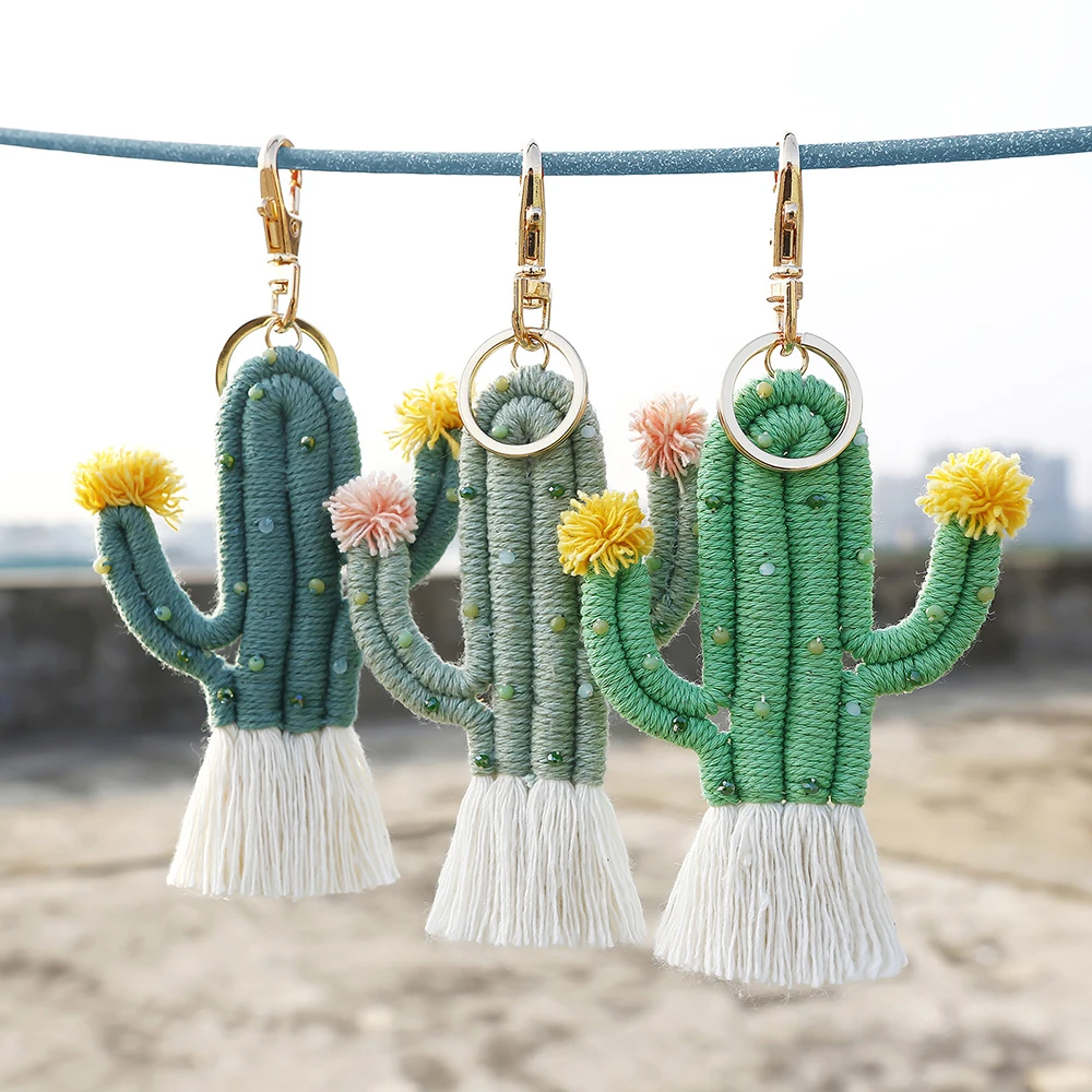 Handmade Weaving Green Plant Cactus Keychain Bohemia Backpack Pendant Key Ring Tassel Cotton Rope Car Hanging Key Holder Jewelry