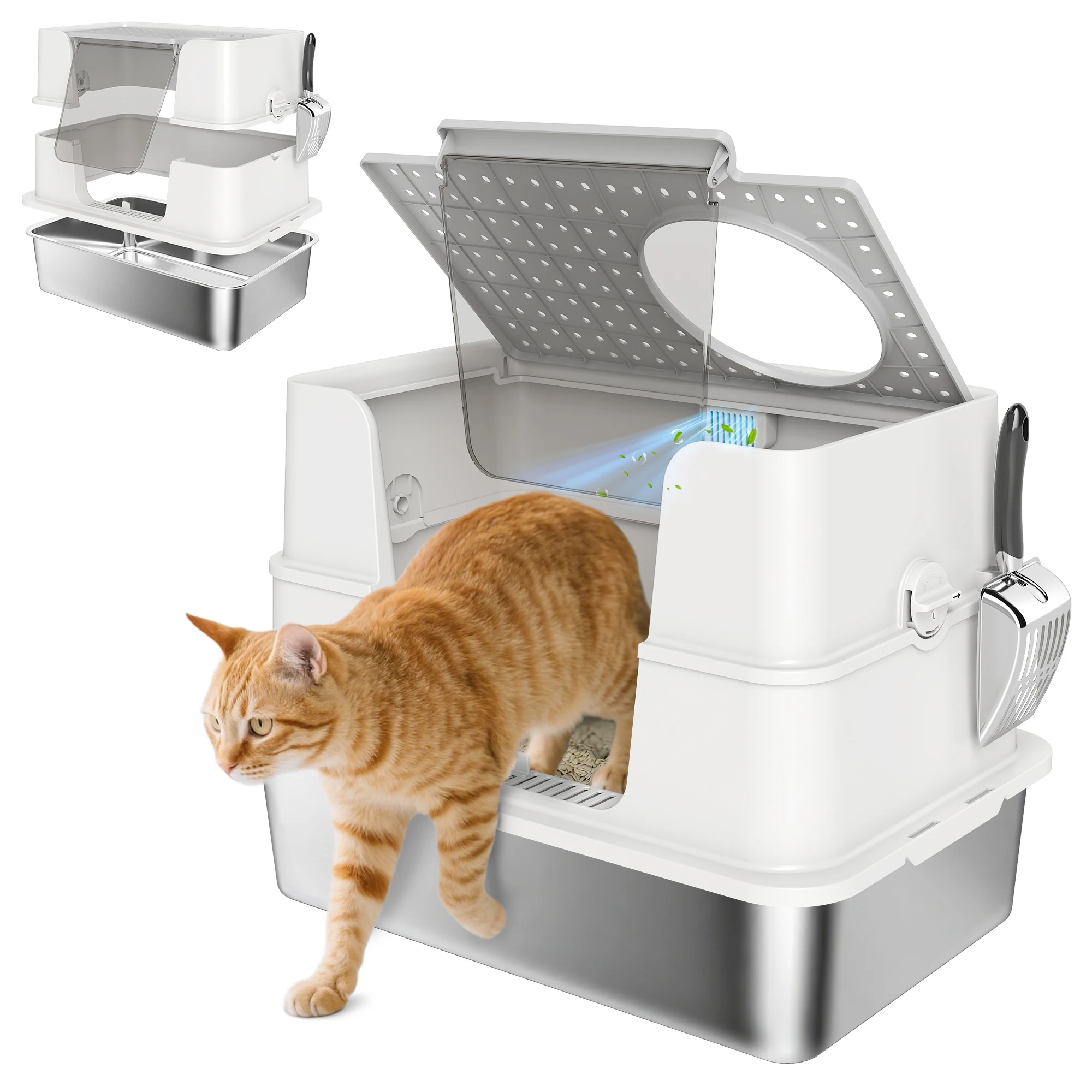 Pawhut roestvrijstalen kattenbak XL grote kattenbak kattenbak met klapdeksel hoge zijden boventoegang geurvrij schep gemakkelijk schoon te maken anti-lek lichtgrijs