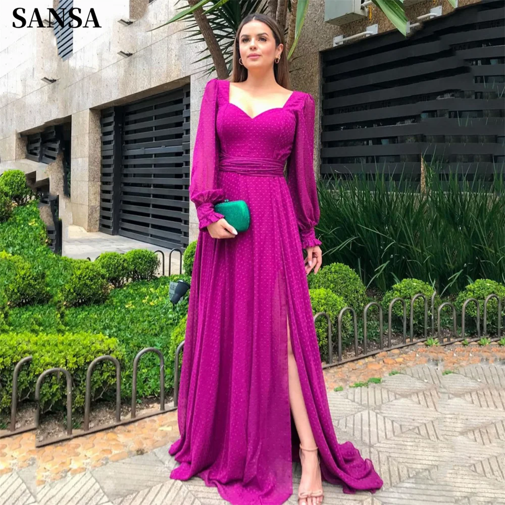 

Sansa Elegant Purple Puffy Sleeve Prom Dress Wave Point A-line Vestidos De Noche Glamorous Side Split فساتين سهره فاخره 2023