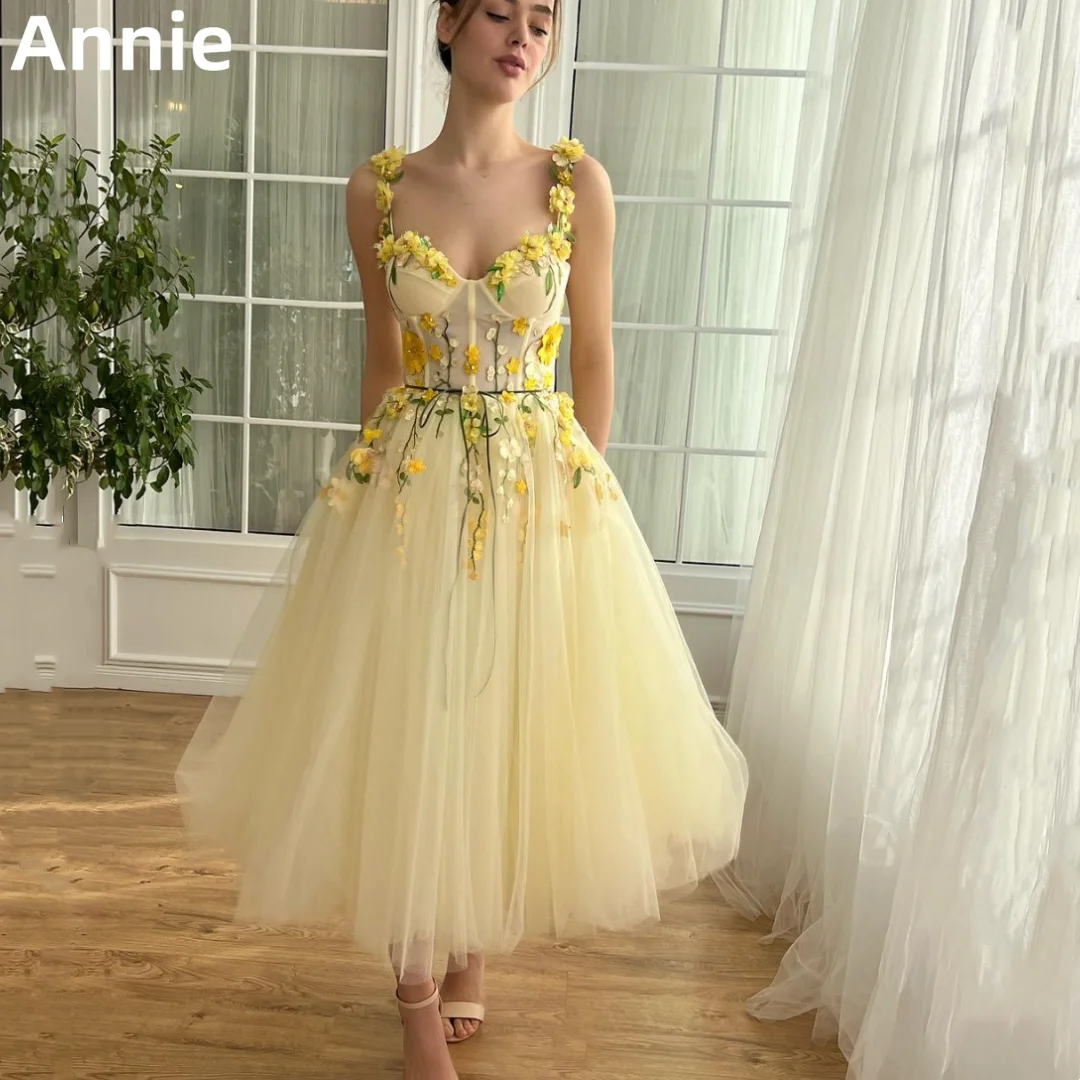 

Annie Lace Embroidery Floral Prom Dresses Yellow Knee Length Princess Formal Occasion Dress Party Dresses 2024 Wedding Dress