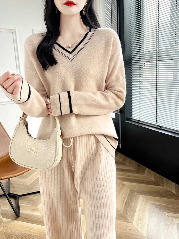 2024 Women's V-Neck Cashmere Pullover Sweater Autumn Winter Long Sleeve Basic 100% Merino Wool Knitwear Female Clothes Top ﻿