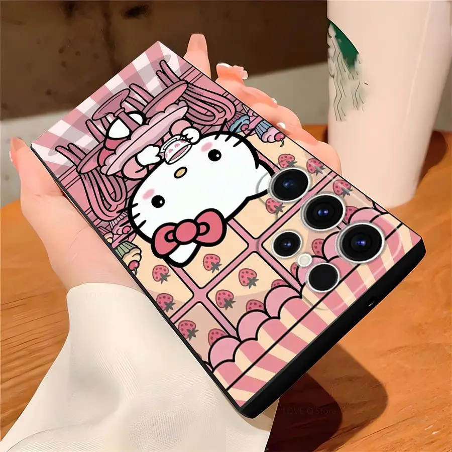 حافظة سانريو هالو كيتي اللطيفة لهاتف سامسونج جالاكسي S25 Edge S23 Ultra S20 S24 Plus S21 FE غطاء هاتف ناعم أسود