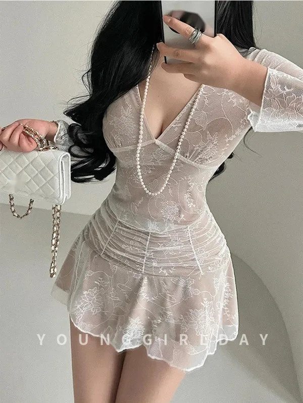 Sexy Low Cut V-neck Long Sleeved Top High Waist Wrap Hip Short Skirt Mesh Lace Set Embroidery Transparent Fold Two Piece Set P6S