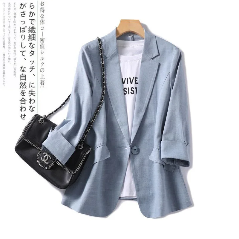 Women Thin Blazer Lapel 3/4 Sleeve Slim Fit Casual Suit Jacket Elegant Office Outerwear Summer