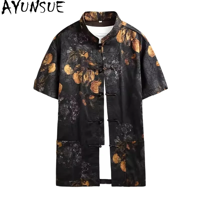 AYUNSUE 92.5% Real Mulberry Silk Shirts for Man Fashion Summer Top Printed Short Sleeve Shirt Men Clothes Watered Gauze Shirt