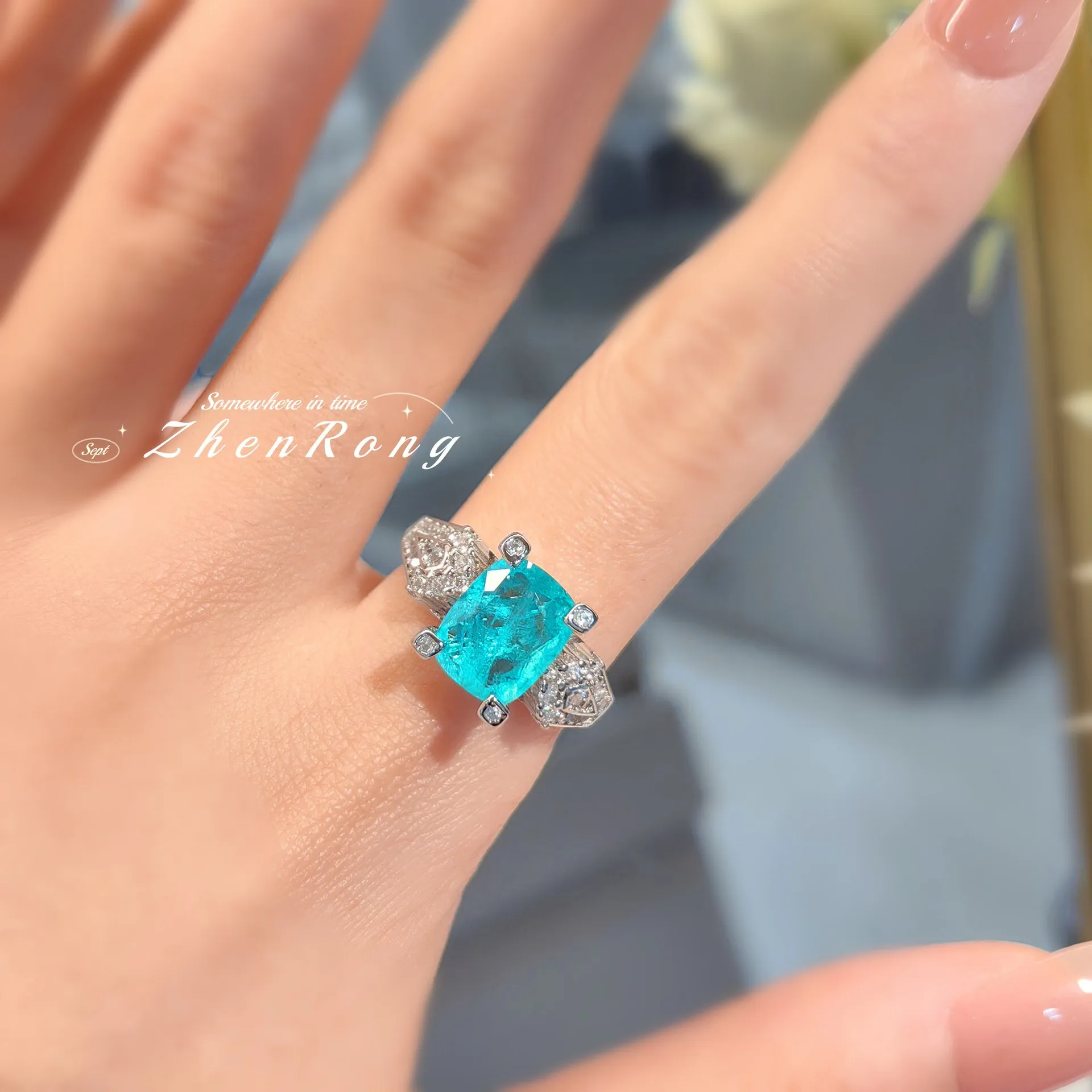 S925 Sterling Silver Open Ring Fashion Temperament Niche Design With High Carbon Diamond And Colored Treasure Cotton Ring