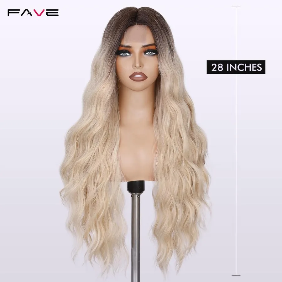 FAVE Lange blonde Perücke, natürliche Ombre-Blondine, gewellte Perücken, Mittelteil, blonde Perücke mit natürlichen Farbverlaufswurzeln für den täglichen Gebrauch, perfekt für
