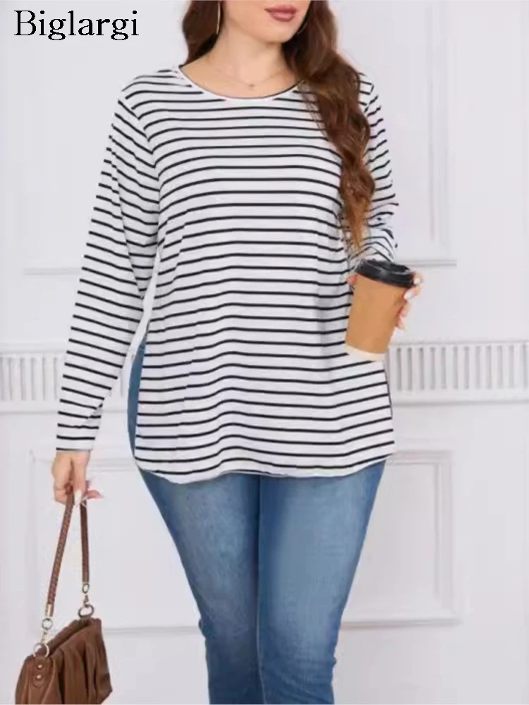 

Plus Size Striped Print Pullover Spring Summer Tops Women Loose Casual Fashion Split Ladies Blouses Long Sleeve Woman Tops