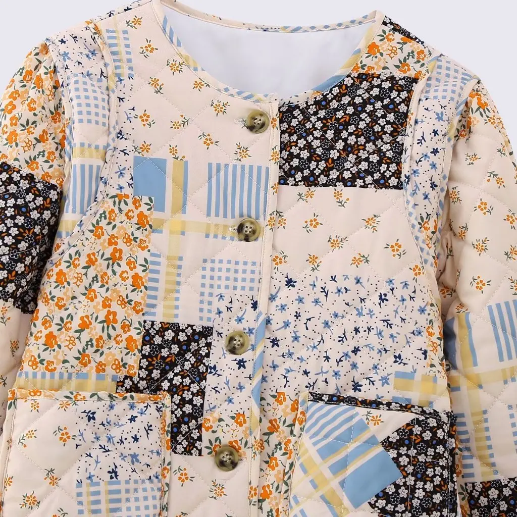 

Women's Fashion Quilted Cotton Coat European American Style Floral Stitching Single Row Buckle All-match Outerwear 23 CC