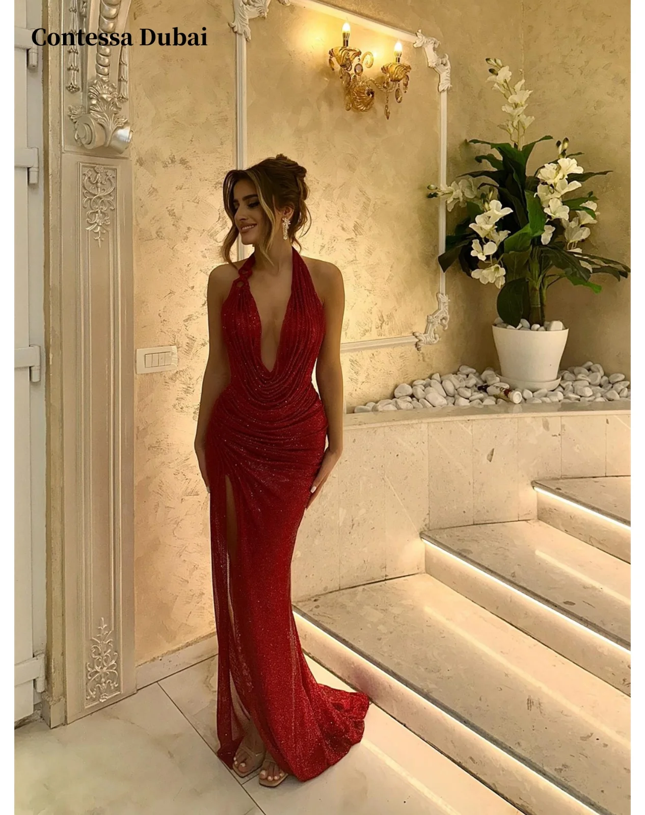 

Contessa Dubai True Red блестящее платье для выпускного вечера с бретелькой на шее без рукавов, платья de noche длиной до пола, торжественное вечернее платье по индивидуальному заказу