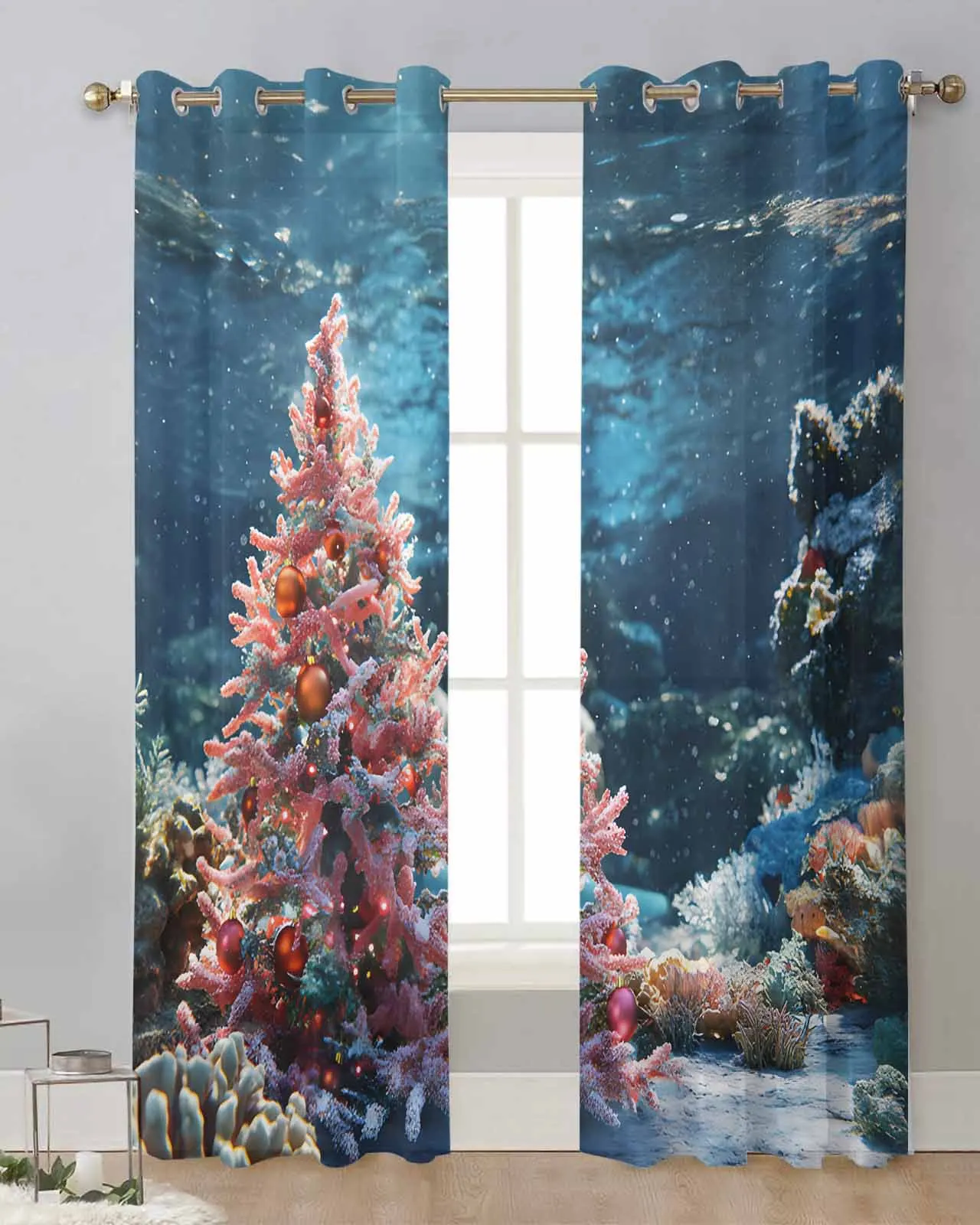 Christmas Ocean Coral Curtain Tulle Curtains For Living Room Kitchen Window Treatments Voile Curtains