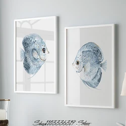 Blue Watercolor Style Discus Fish Fish Coastal Marine Animals Art Poster Canvas Painting Wall Print Picture for Room Home Decor