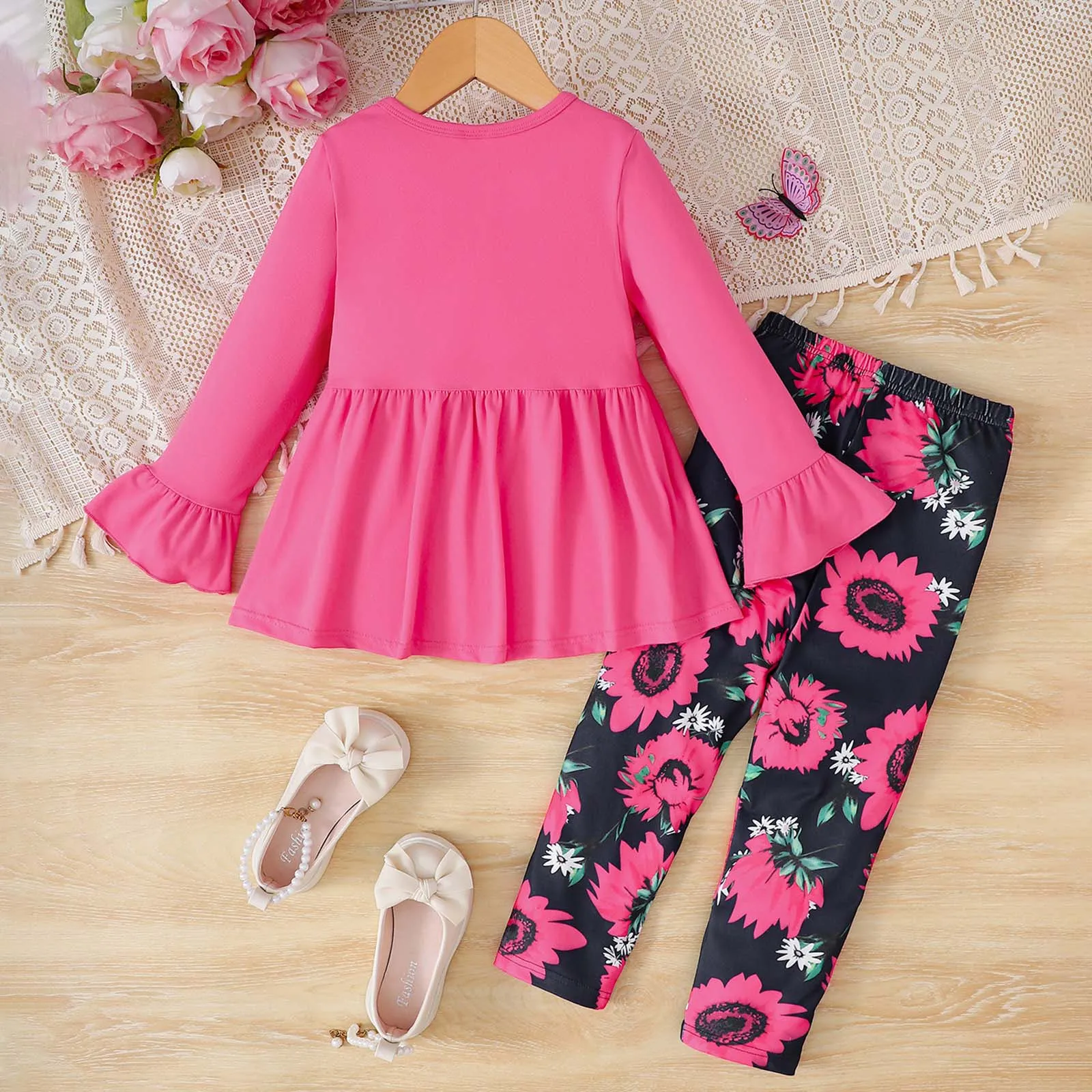 

Baby Girl Outfit Solid Color Crew Neck Bell Sleeved Top And Floral Printed Pants Set Soft Comfortable Casual Kids Clothing Sets