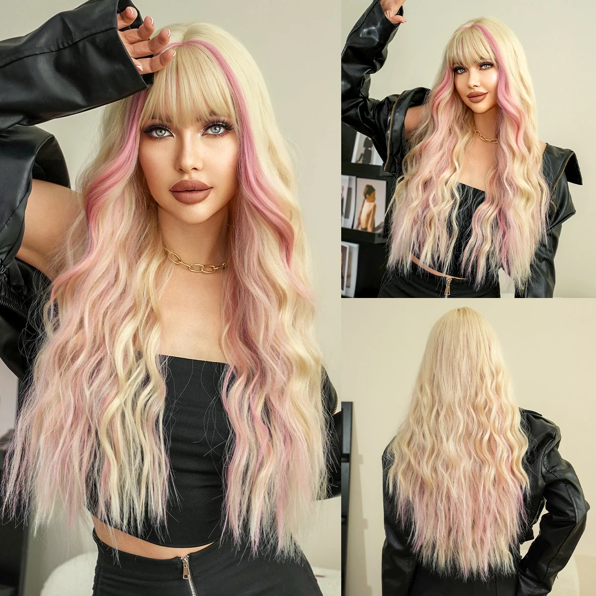 NAMM Long Wavy Blonde Wig for Women Daily Party Highlight dyeing Pink Synthetic Hair Wigs With bangs wig Halloween Cosplay