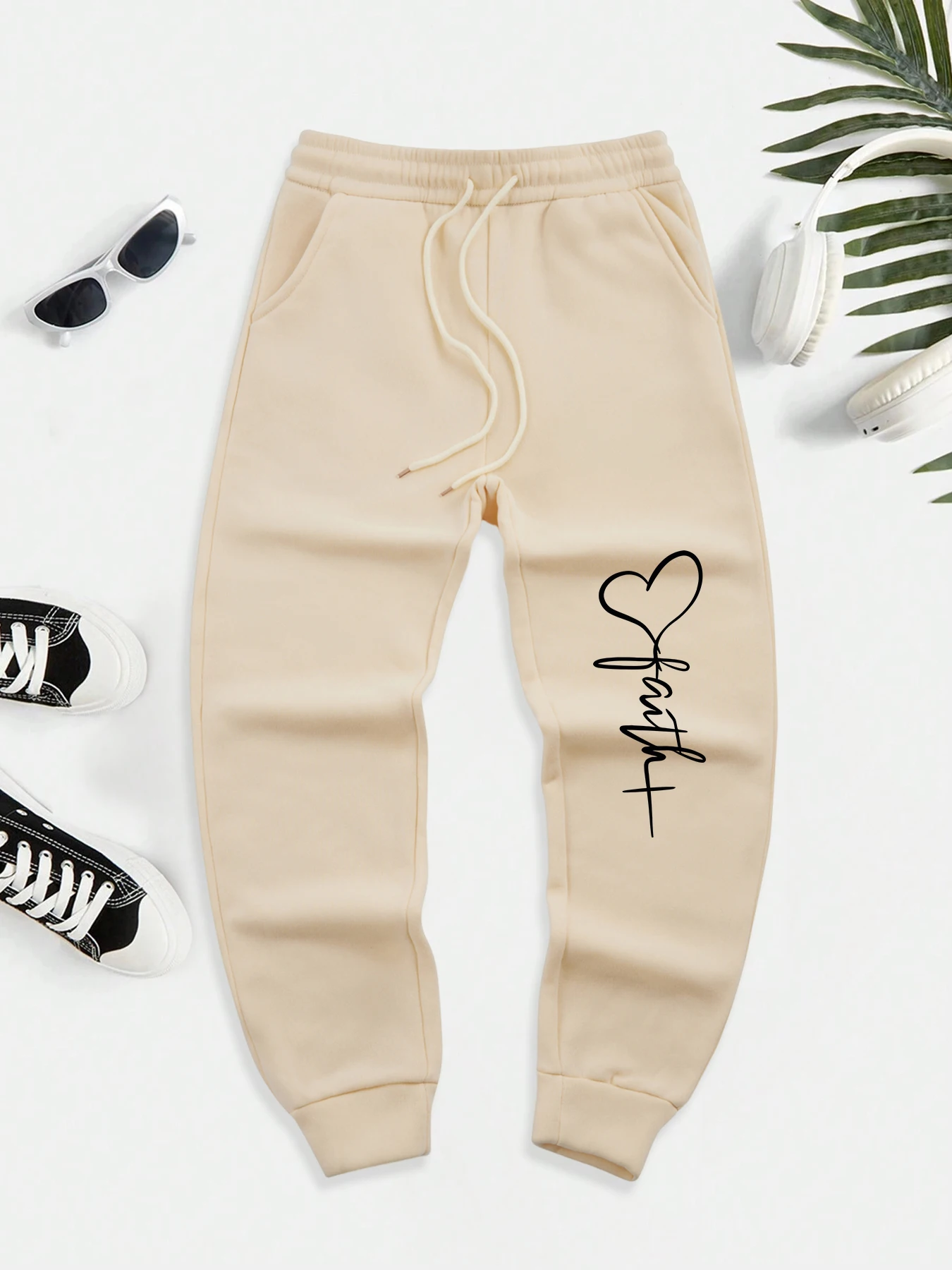 

Faith Letter With Heart Shape Printed Mens Sweatpants Autumn Casual Pants Drawstring Fleece Trousers Trendy Street Jogging Pant