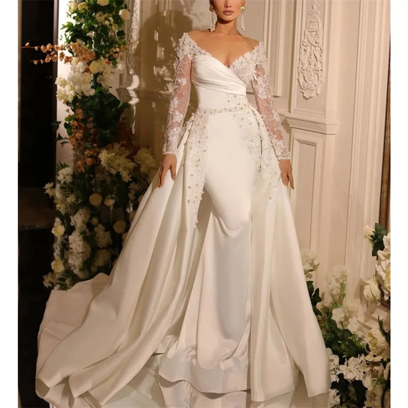 Pearl Ivory Mermaid Wedding Dress Satin Appliqued Bridal Gown Detachable Train Custom Made V Neck Full Sleeves Robe Lace Up Back