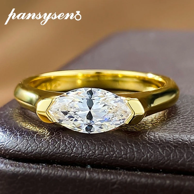 PANSYSEN 100% 925 Sterling Silver 5x10MM Mariquesa Cut High Carbon Diamond Wedding Engagement Ring 18K Gold Plated Fine Jewelry