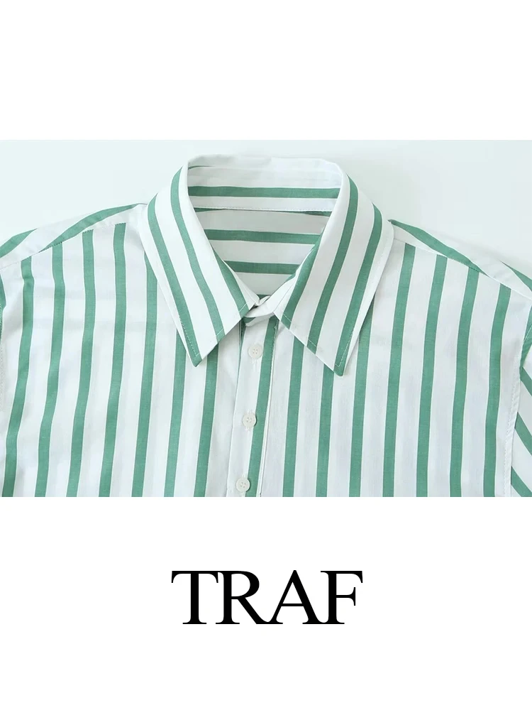 TRAF 2024 Woman\'s Summer Casual Green Striped Shirt Suit Female Short Sleeve Lapel Pullover Top +Elastic Waist Lace Up Pants Set