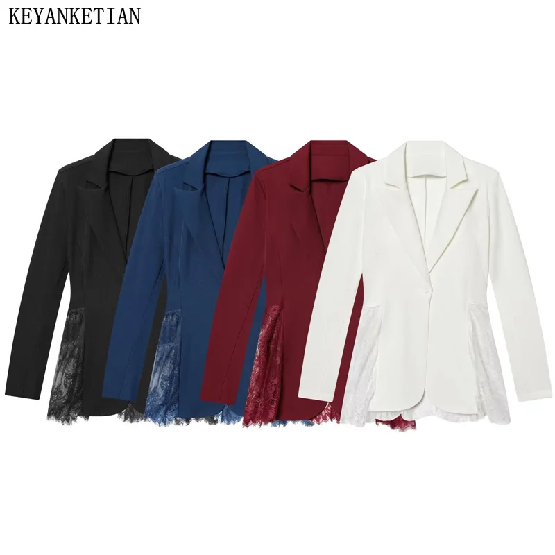 KEYANKETIAN 2026 Spring New Women's Lace Patchwork Decorated Suit Coat Fashion Chic Solid color Office Lady Slim Blazer Thin