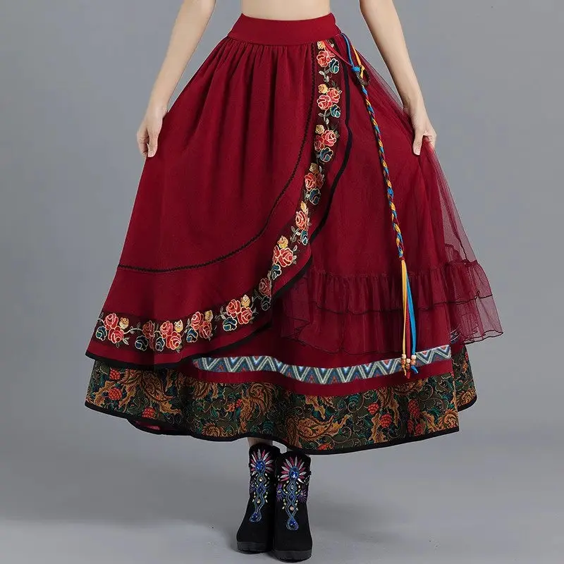 

2024 Autumn And Winter Ethnic Style Retro Embroidery Irregular Mesh Skirt Fashion Elastic Waist Floral Spliced Long Skirt K2511