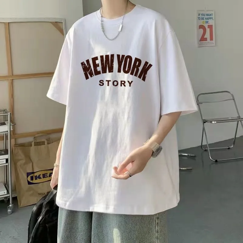 Oversized White Cotton T-Shirt for Men Women Casual Loose-Fit Crew Neck Short Sleeve NEW YORK STORY Print Tee