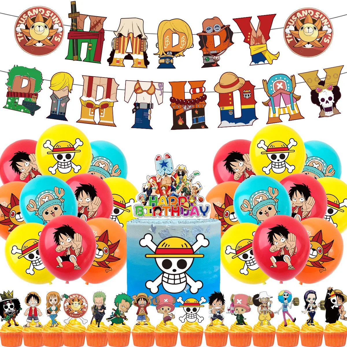 

One Piece Cute Cartoon Luffy Themed Party Balloon Banner Cake Topper Flag Banner Birthday Party Decoration Baby Shower Decor