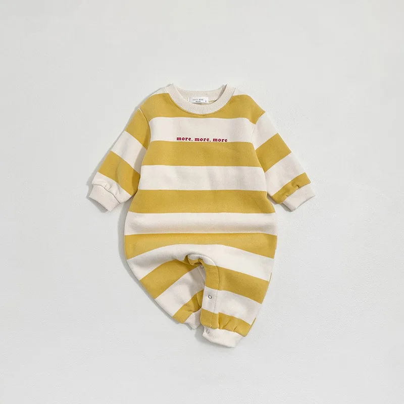 

2026 Spring New Baby Long Sleeve Striped Romper Cotton Infant Boy Girl Simple Letter Jumpsuit Toddler Casual Clothes 0-24M