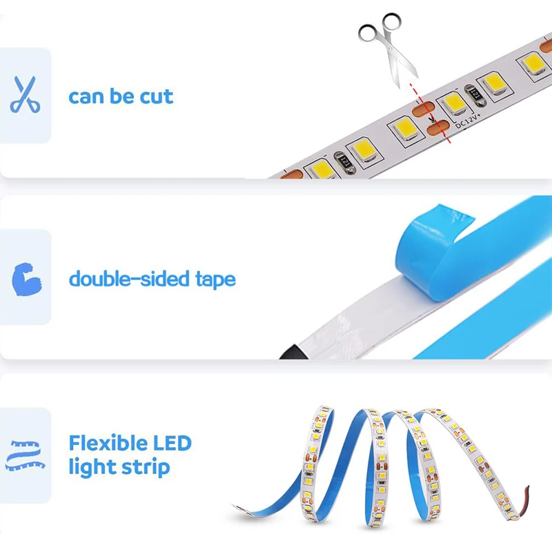 DC 12V Led Strip Light Bright Tape Lamp 2835 60/120 LEDs/m 1m/2m/3m/4m/5m 3000K - 6000K For Room Decor Kitchen Ribbon Lighting