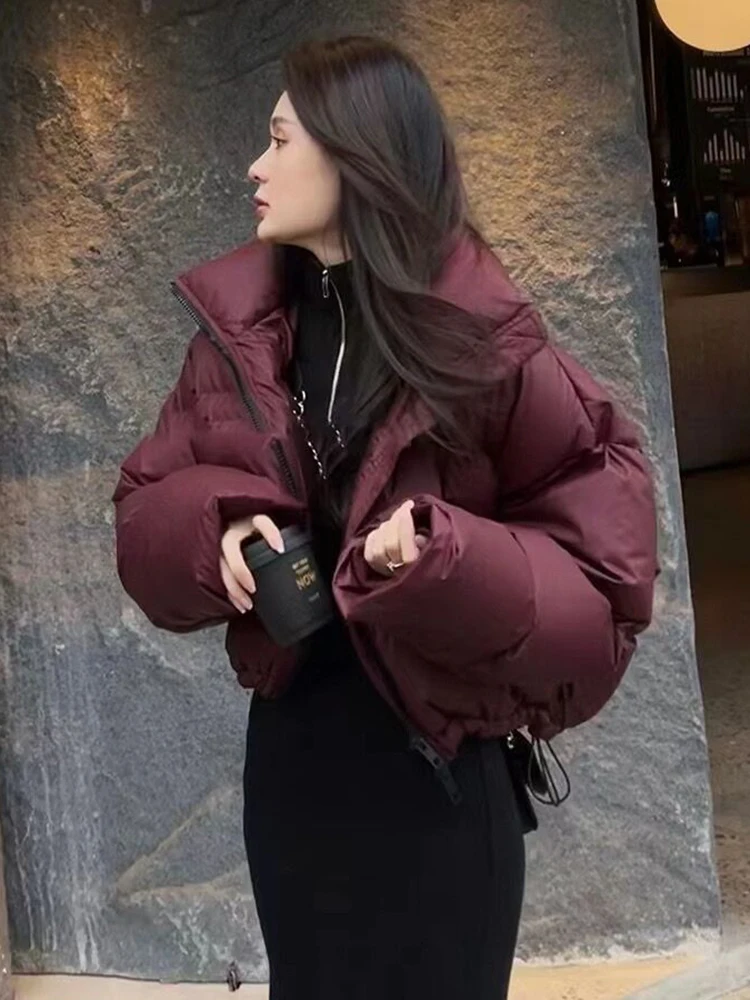 Zoki Streetwear Thick Warm Puffy Coat Women Fashion Korean Simple Short Parkas Winter Stand Collar Harajuku Casual Black Jacket