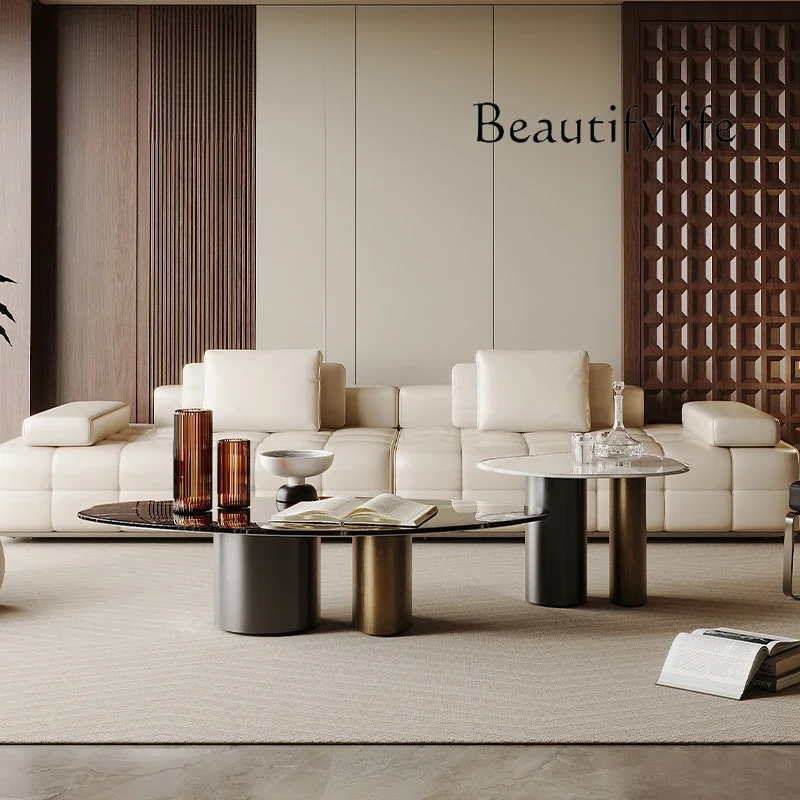 

M Итальянский светлый роскошный/импортный натуральный роскошный камень + нержавеющая сталь/овальный мраморный журнальный столик специальной формы