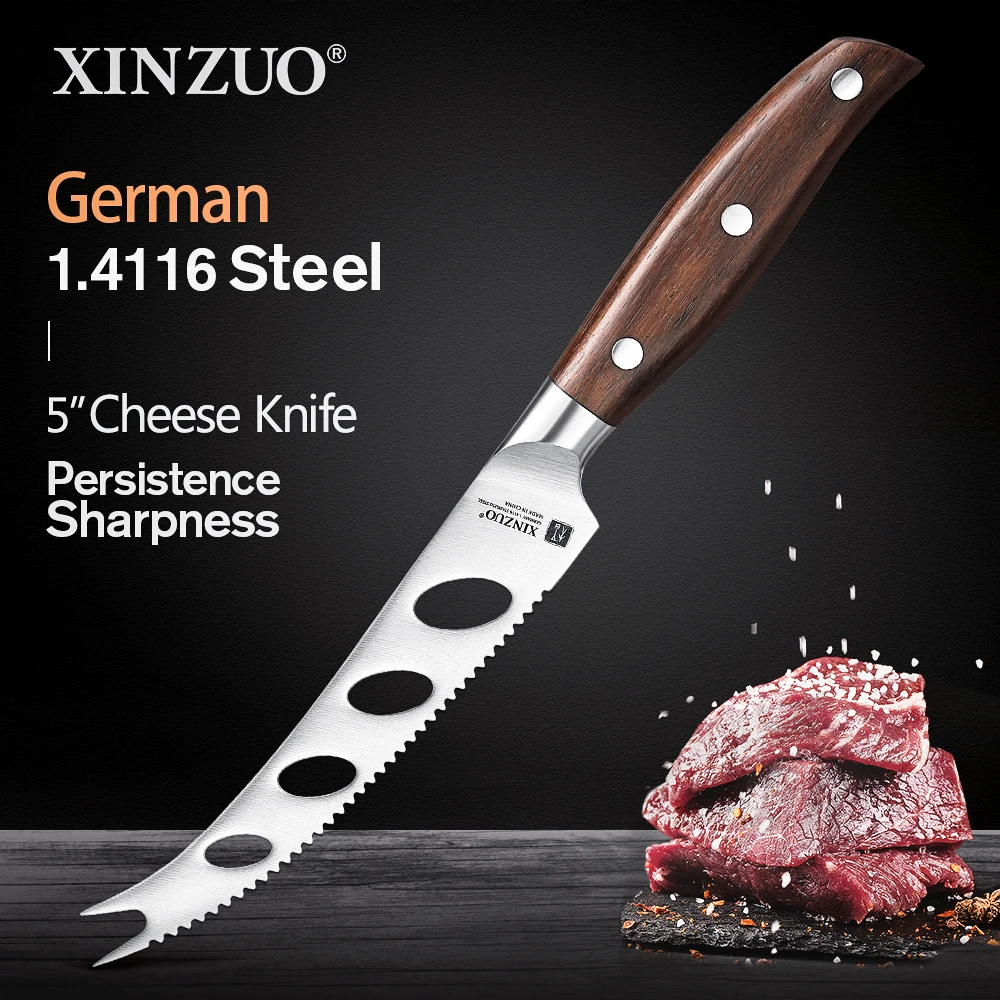 

XINZUO 5''Cheese Knife 4-hole Stainless Steel Baking Tools Pizza Butter Cutter Red Sandalwood Handle Kitchen Accessories