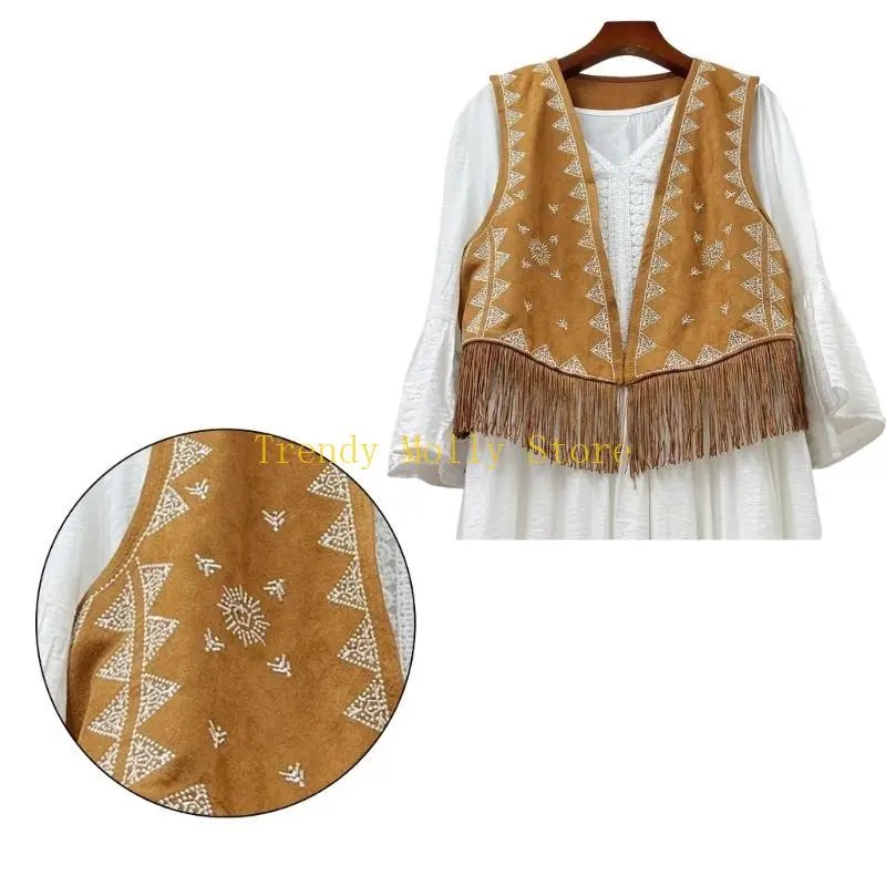 N5KB vrouwen Fringe Vest Faux Suedes Tassels 70s Hippie Deskleding Open Front Cardigan Mouwloos Vest Vrouwelijke vesting