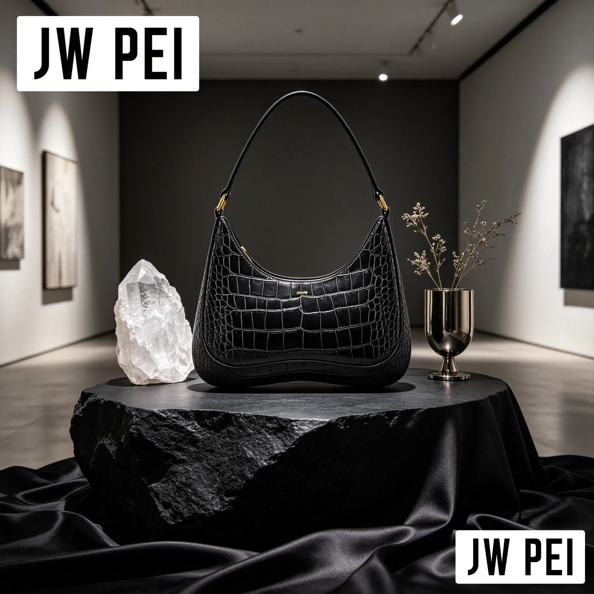 Simple Solid Black JW PEI Croc Texture Handbag Ladies JW PEI Retro Slim Underarm Hobo Shoulder Bag