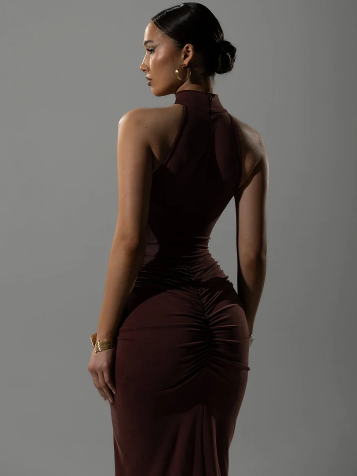 Vestido largo sexy sin mangas con fruncido y escote halter para mujer, elegante, de cintura alta, para fiesta y club, con abertura 4