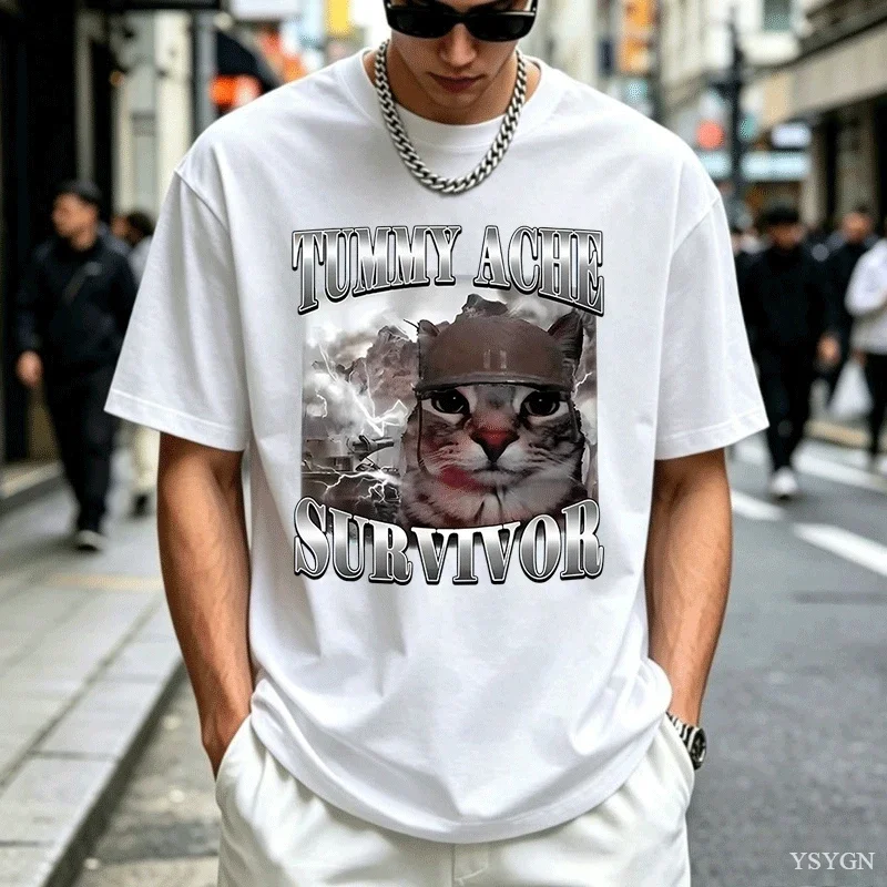 Tummy Ache Survivor Cat Meme T Shirts Man Cotton Funny Saying Cats Animals Printed Tshirt Casual Round Neck Short Sleeved Tees