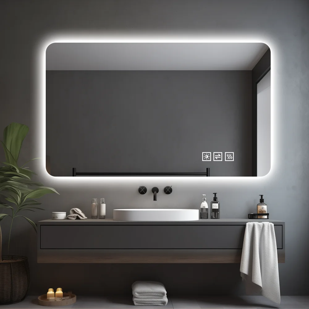 60*100cm LED-Badezimmerspiegel, korrosionsbeständig, dreifarbig dimmbar, hintergrundbeleuchteter Spiegel mit One-Touch-Entnebelungsfunktion