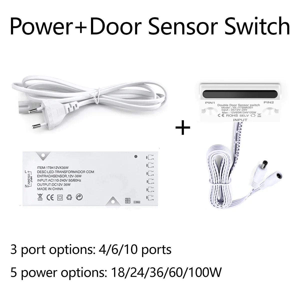 High Quality 12V LED Lighting Transformer and Double Side Induction Door Switch 4-10 Ports,18W/24W/36W/60W/100W Power Driver