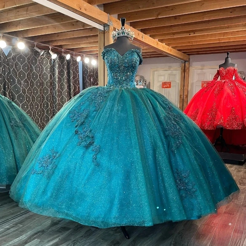 Emerald Green Shiny Quinceanera Dresses Ball Gown Birthday Party Dress Lace Up Graduation Gown Sweetheart Swet vestidos 15 de