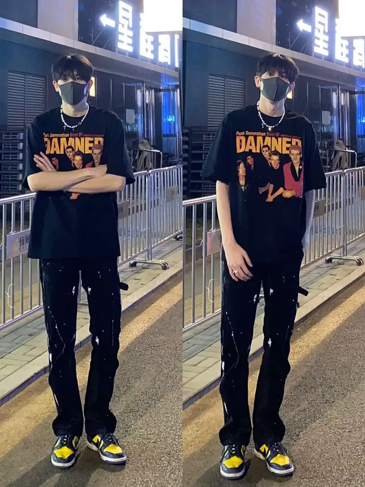 Jeans Bla Splaed Ink para hombre, pantalones de trabajo de verano delgados estilo americano High Street, pantalones de trabajo de carpintero con corte recto y ajustado