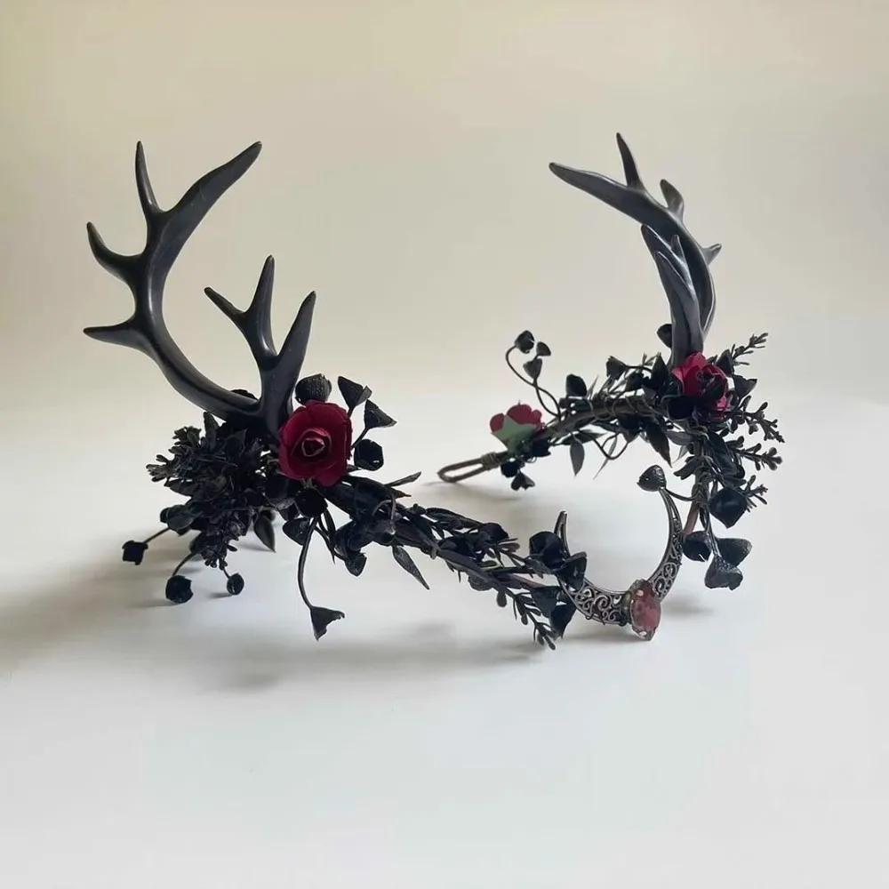 Elegant Vintage Antler Crown Gothic Style Handmade Woodland Headpiece Adjustable Ribbon Hair Crown Halloween Cosplay Wear