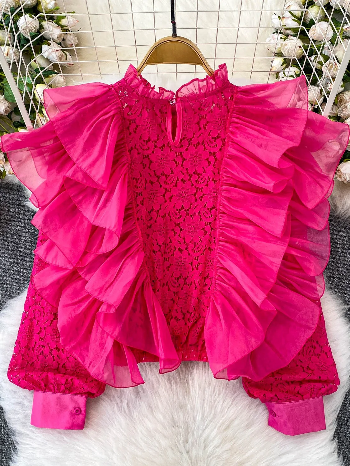 

Heavy Embellied Lace Patchwork Long Sve Women's irt ort Sle Korean Version Straight Cut Summer Faion Slimming Top
