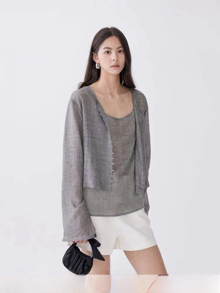 

Loose Linen Lyocell Long Sve Open Cardigan Sensation irt Cover up Inner Wear Tank Top Strap Top Set for Women Casual S...