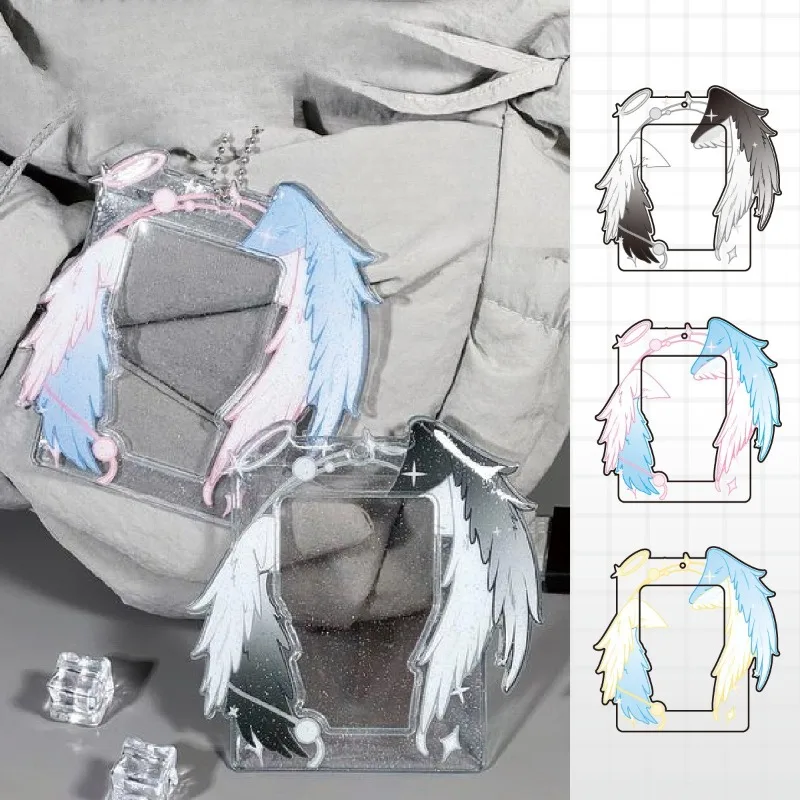 Glitter Double Wing Angel PVC 3 Inch Photocard Holder Storage Case Polaroid Idol Photo Display Bag Pendant Charm