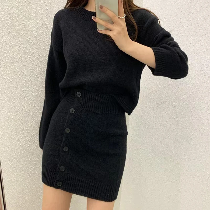 Women Fall/Winter Sweater 2 Piece Set Simple O-neck Long Sleeved Pullover and High Waist Button Up Bodycon Skirt Solid Knit Suit