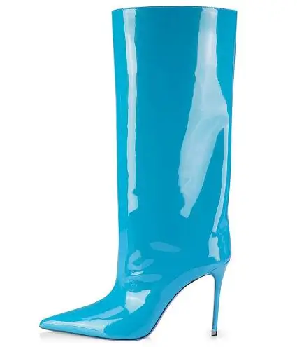 

Sky Blue Green Shiny Patent Leather Pointed Toe Knee High Boots Women Tube Slip On Stiletto Thin Heels Tube Long Modern Boots