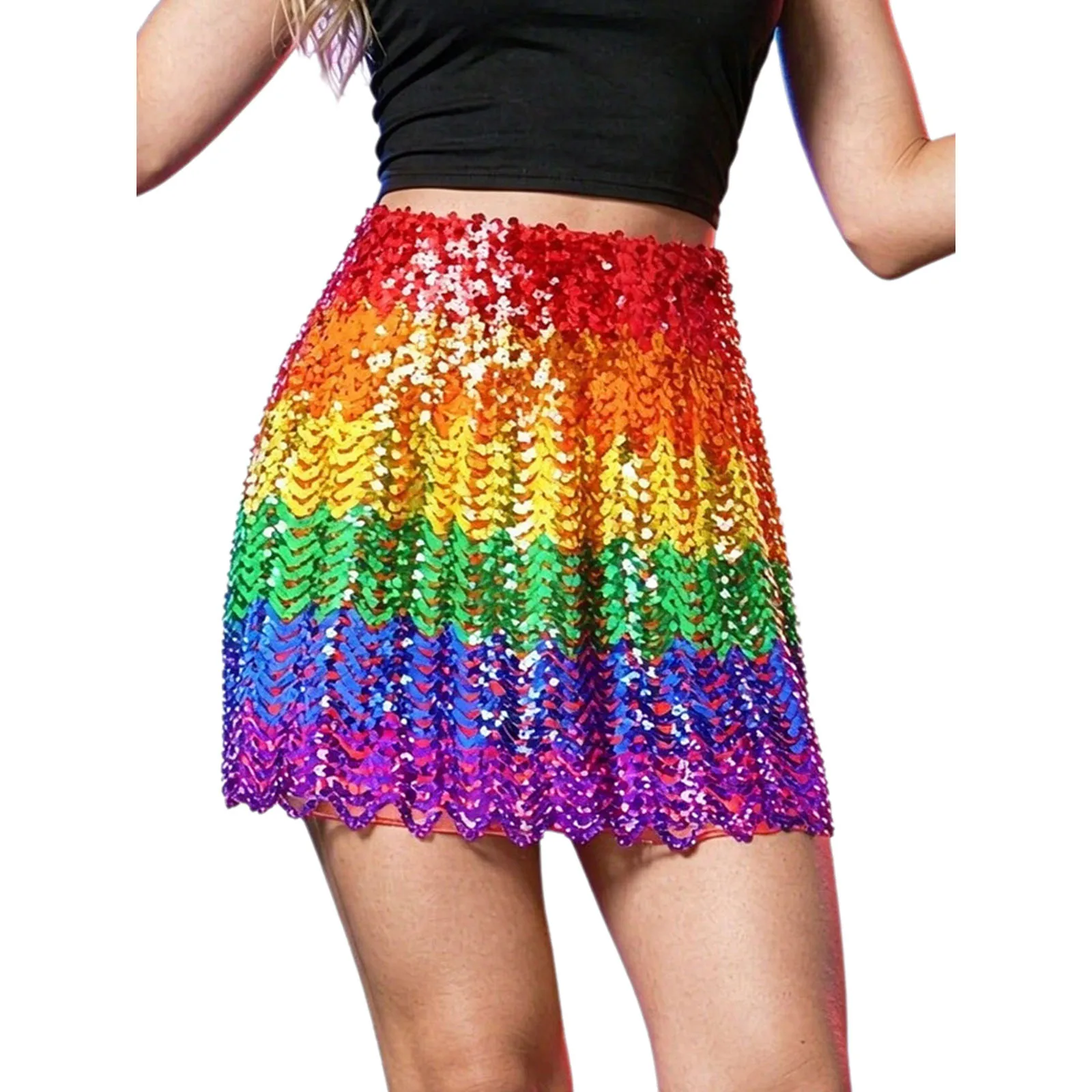 Women Sparkly Sequin Skirt High Waist Stretchy Flared A-line Skirts for Cocktail Party Jazz Dance Stage Performance Clubwear