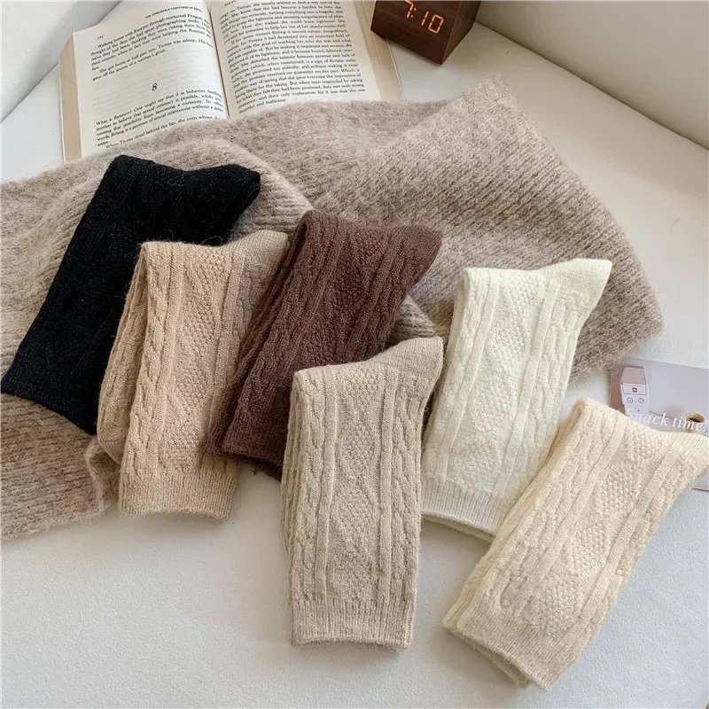 Autumn Winter Warm Wool Cashmere Thermal High Long Stockings Women Girls Home Sleeping White Black Compression Floor Socks