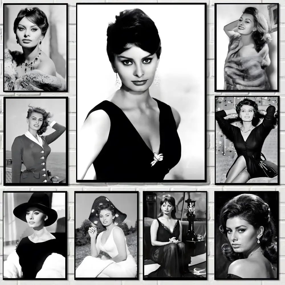 Sophia Loren Portrait Black White Poster Self-adhesive Decal Living Room Bedroom Party Bar Decor Moisture-proof Fade-resistant