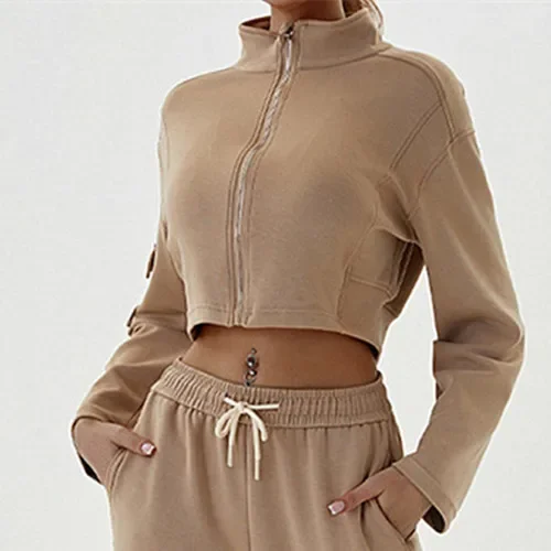 

Women Sports Top With Stand Up Collar Pocket Autumn Loose Zipper Long Sleeved Fitness Running Jacket GYM Leisure Yoga Blouse