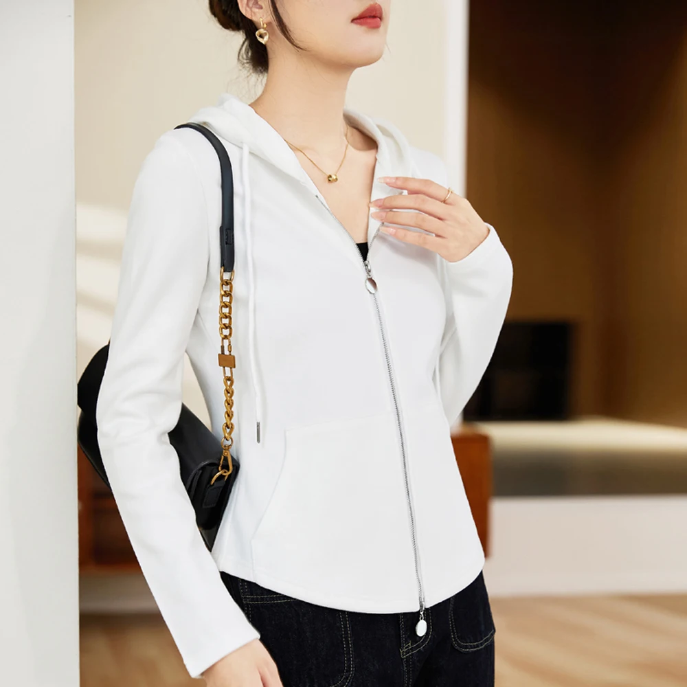 سترة نسائية خريفية جديدة بأكمام طويلة باللون الرمادي الداكن على الطراز الكوري من القطن الراقية مقاس كبير مع قلنسوة وسحاب مزدوج #4